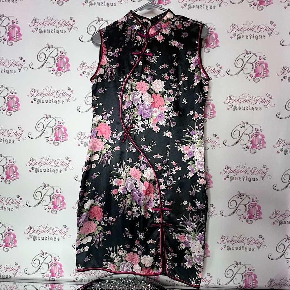 Japanese dress mock neck flowers bows Floral Black Pink Women's Dress
